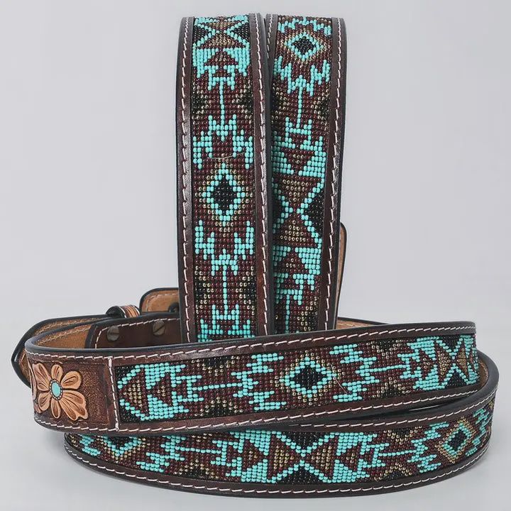 Turquoise Beaded Navajo Western Belt with Tooled Bull Skull Buckle