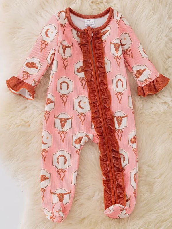 Bull Skull Printed On Pink Baby Bodysuit