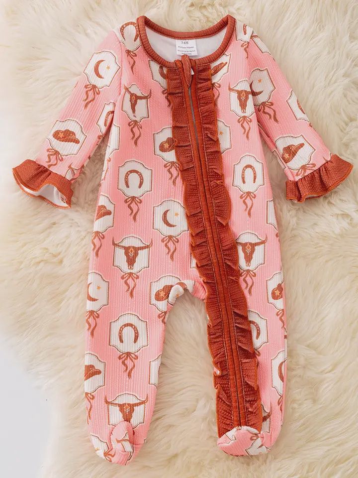 Bull Skull Printed On Pink Baby Bodysuit, Size: 0-3mo