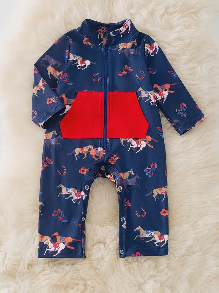 Girls-Floral Horse Printed Baby Romper, Size: 0-3mo