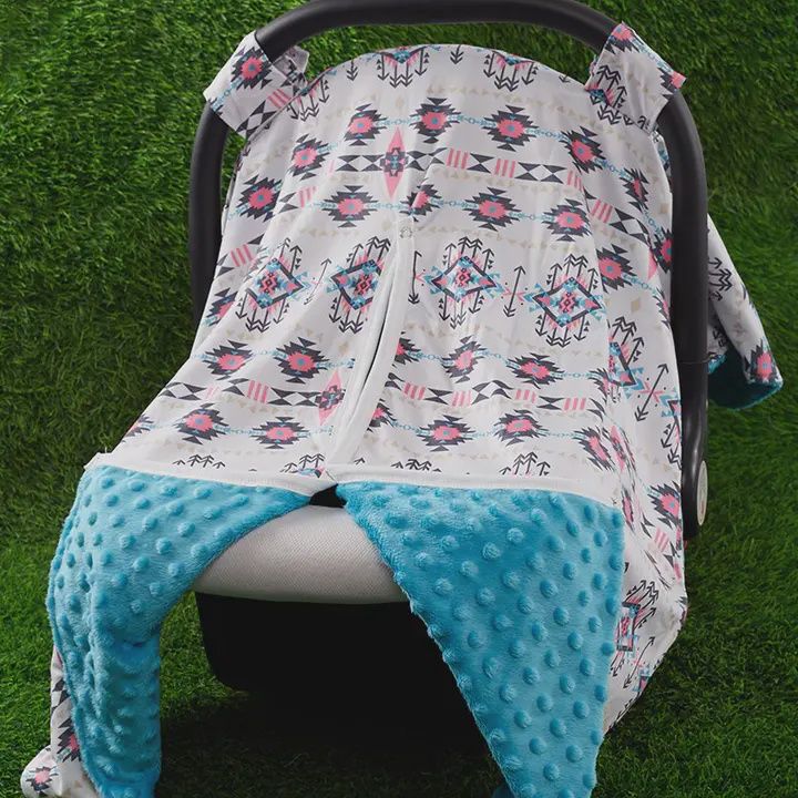 Multi Aztec Print Car Seat Cover with Blue Minky Inside