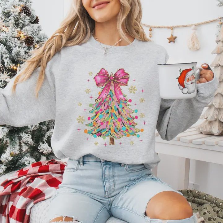 Bright Colorful Coquette Christmas Tree Crewneck Sweatshirt