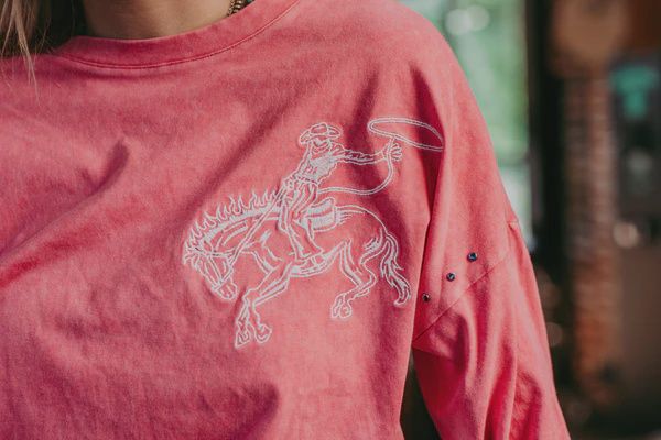 Acid Washed Embroidery Studded LS Crop Tee, Color: Pink, Size: M