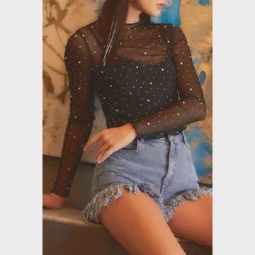 Rhinestone Sheer Mesh Crop Top | Black, Color: Black, Size: L