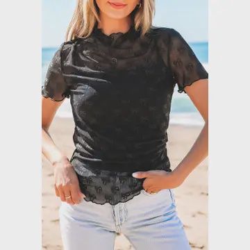 Bow Mesh Short Sleeve Top, Color: Black, Size: S
