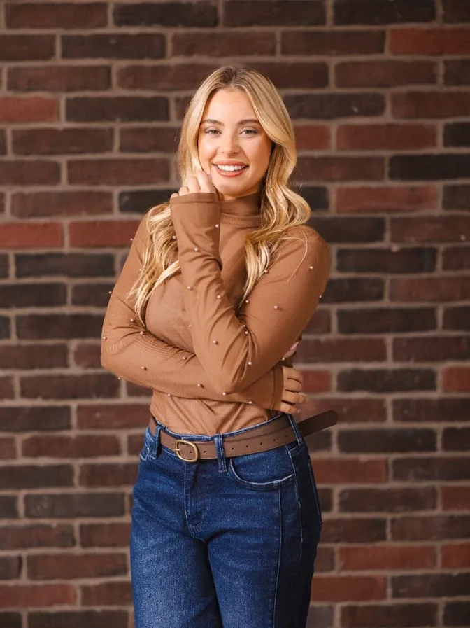 Mock Neck Mesh Top with Pearl Detail, Colour: Brown, Size: 2XL