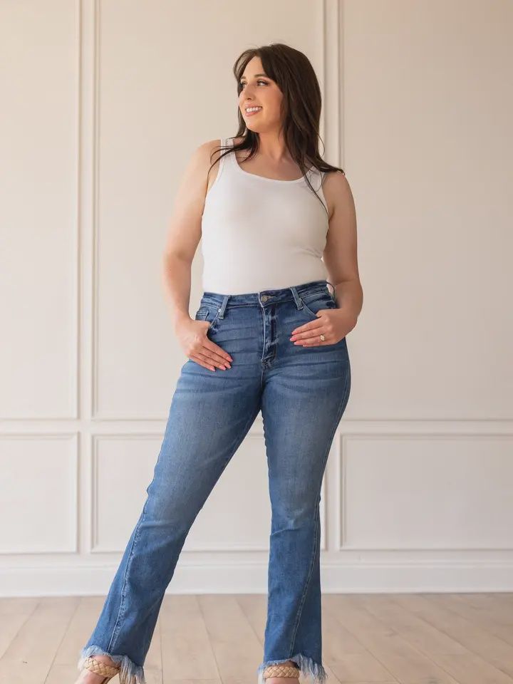The Hannah Shark Bite Flares, Colour: Medium Wash-Blue, Size: 18