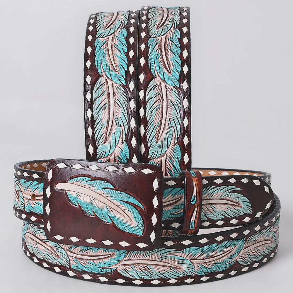 ADBLF285 Western Hand Tooled Leather Belt - Turquoise &amp; Blush Feather Pattern, Colour: Deep Chestnut, Size: Small