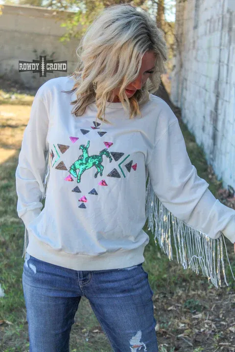 Casanova Sequin Fringe Long Sleeve Sweater in White