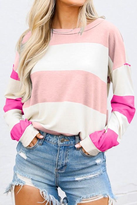 Colorblock Striped Long Sleeve Top, Colour: White and Pink Stripes, Size: Small