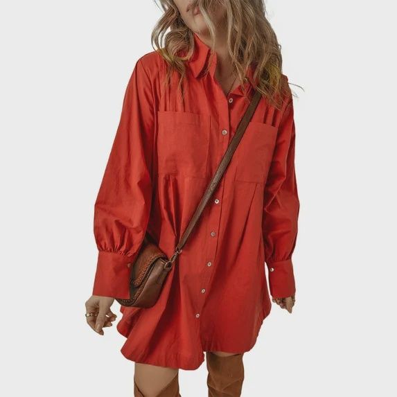Bishop Sleeved Pleated Mini Dress, Colour: Tomato Red, Size: Medium