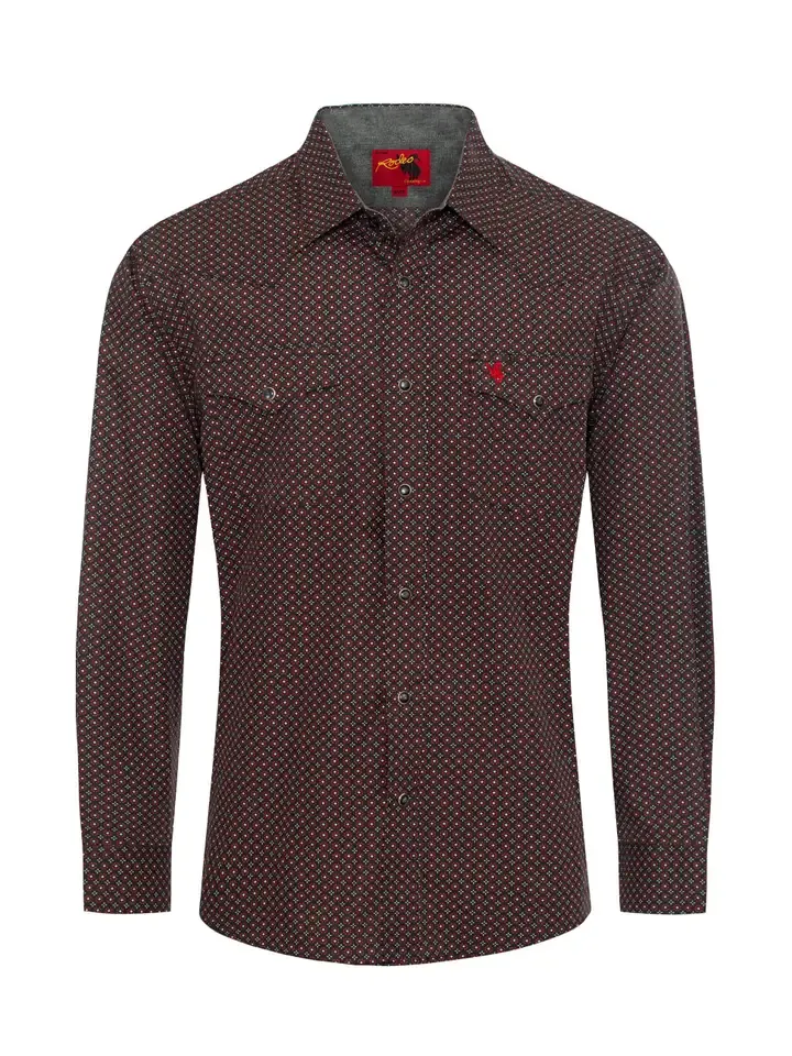 Men's Western Pearl Snap Maroon Print Shirt, Size: M
