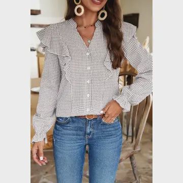 Plaid Ruffle Long Sleeve Shirt, Colour: Brown, Size: Small