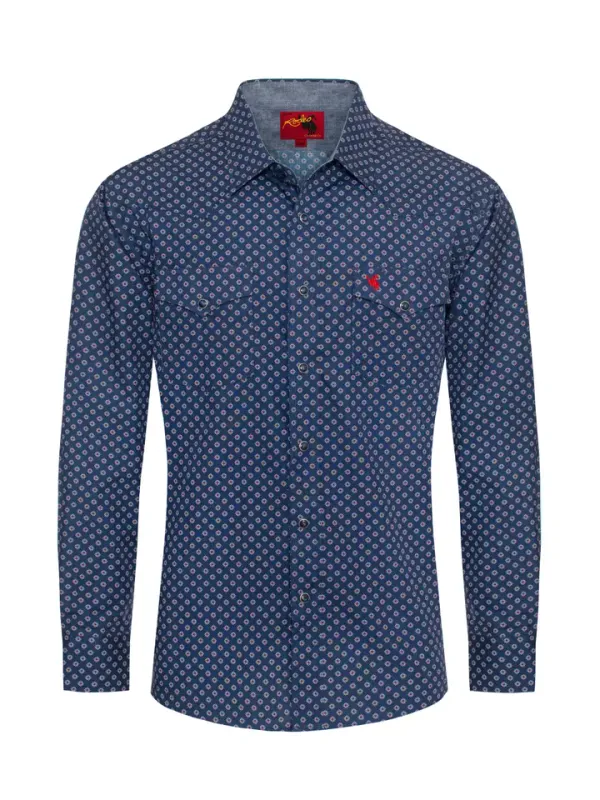 Men's Western Pearl Snap Dark Blue Print Shirt