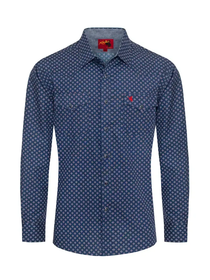 Men's Western Pearl Snap Dark Blue Print Shirt, Size: M