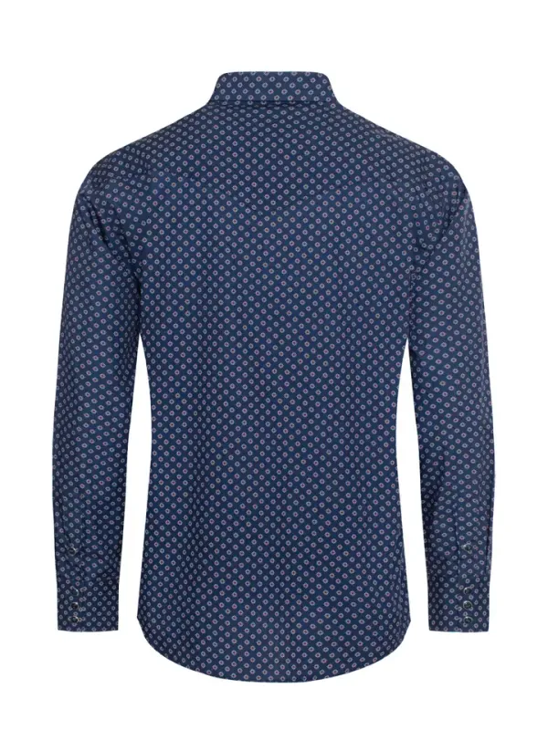 Men's Western Pearl Snap Dark Blue Print Shirt