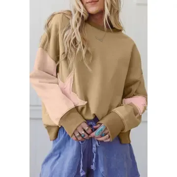 Star Patchwork Reverse Seam Sweatshirt, Colour: Khaki-Pink Stars, Size: Small