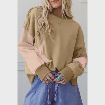 Star Patchwork Reverse Seam Sweatshirt, Colour: Khaki-Pink Stars, Size: Small