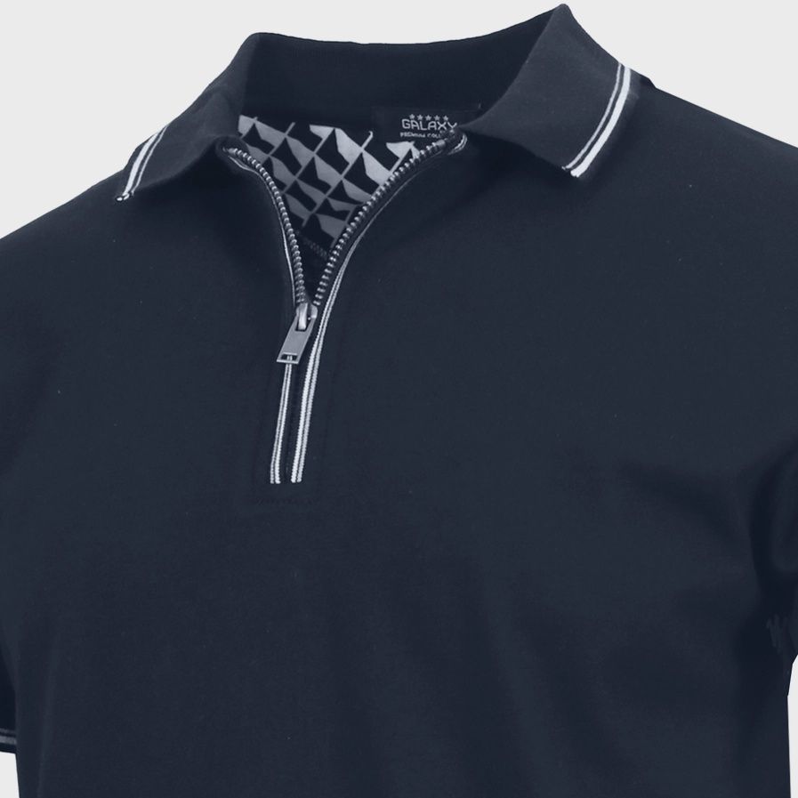 Galaxy By Harvic Mens Modern Fit Polo Shirt with Zip Placket, Colour: Navy, Size: Small