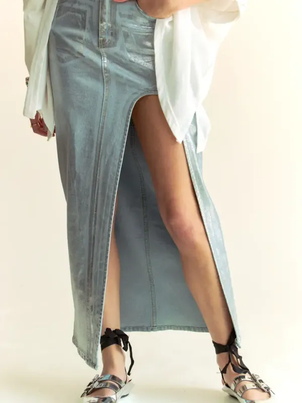 Foiled Denim Zip Front Side Slit Pocket Maxi Skirt