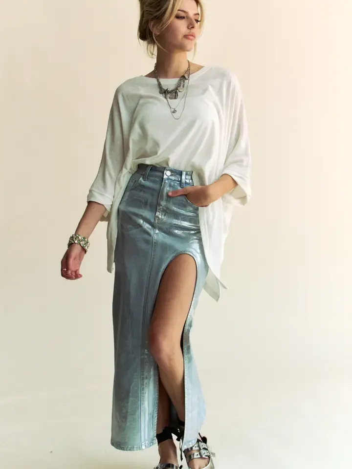 Foiled Denim Zip Front Side Slit Pocket Maxi Skirt, Size: Small