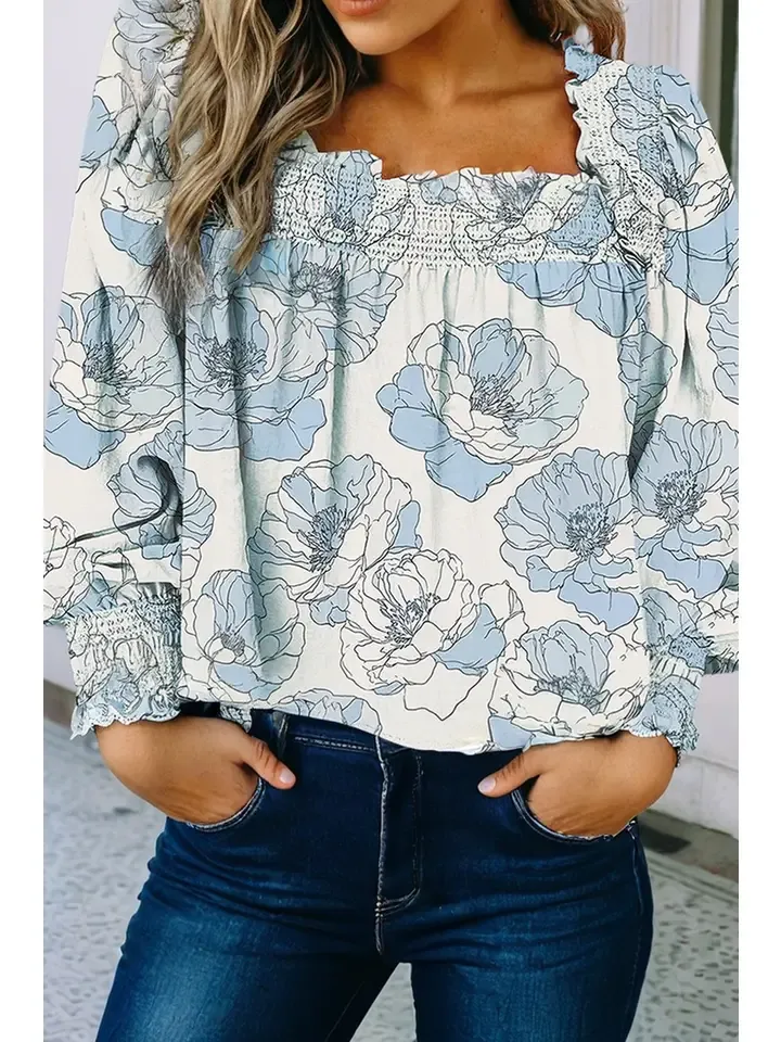 Ldc Floral Print Frilly Smocked Square Neck Blouse, Size: Small