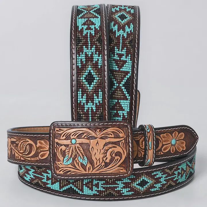 Turquoise Beaded Navajo Western Belt with Tooled Bull Skull Buckle, Size: S