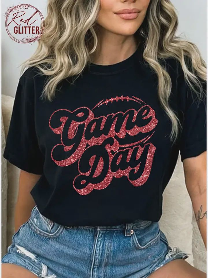 Game Day Football Glitter Graphic T Shirts, Size: Small