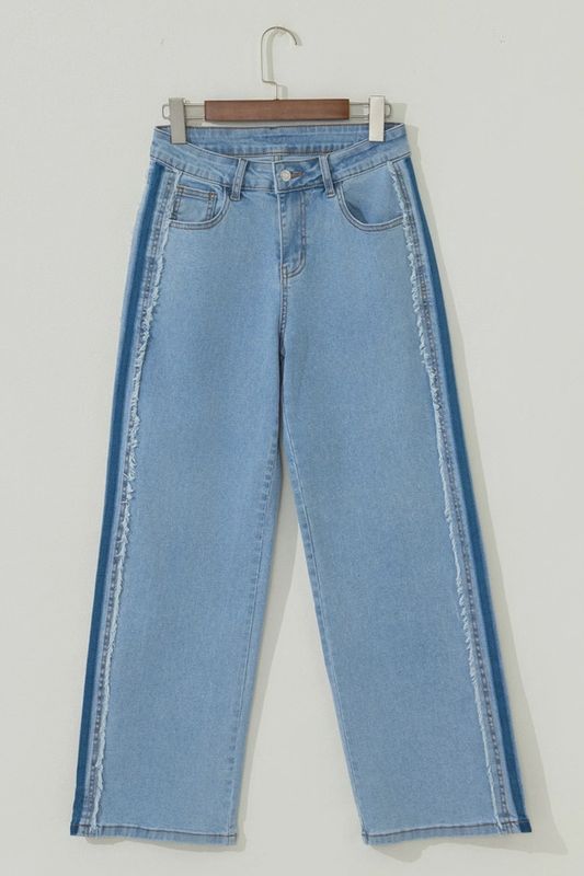 Beau Blue Contrast Stripe Patchwork Frayed Jeans