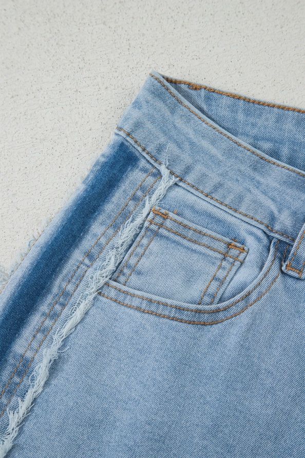 Beau Blue Contrast Stripe Patchwork Frayed Jeans, Size: 4