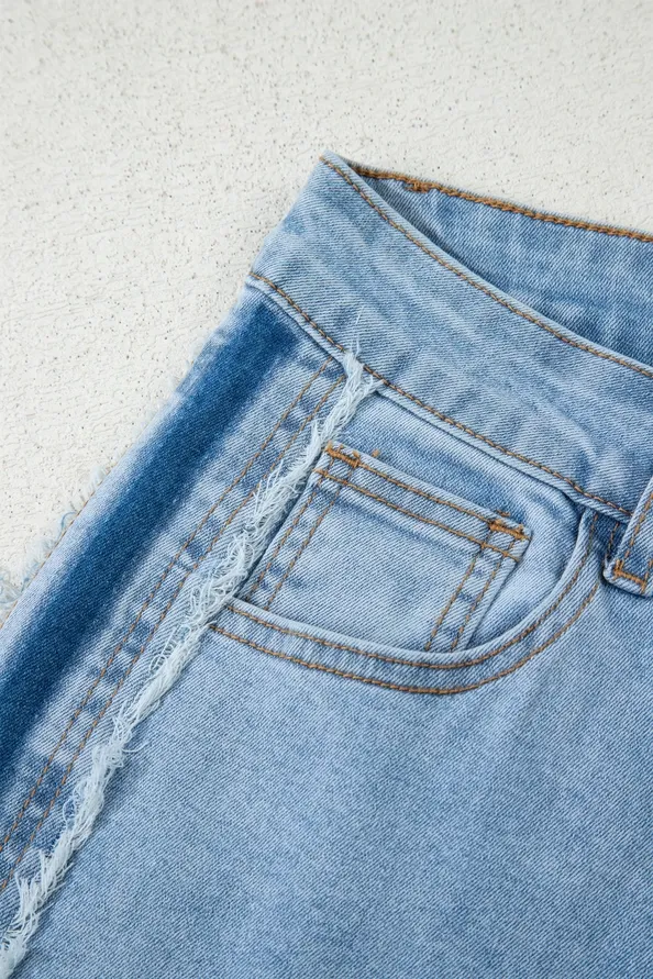Beau Blue Contrast Stripe Patchwork Frayed Jeans, Size: 4