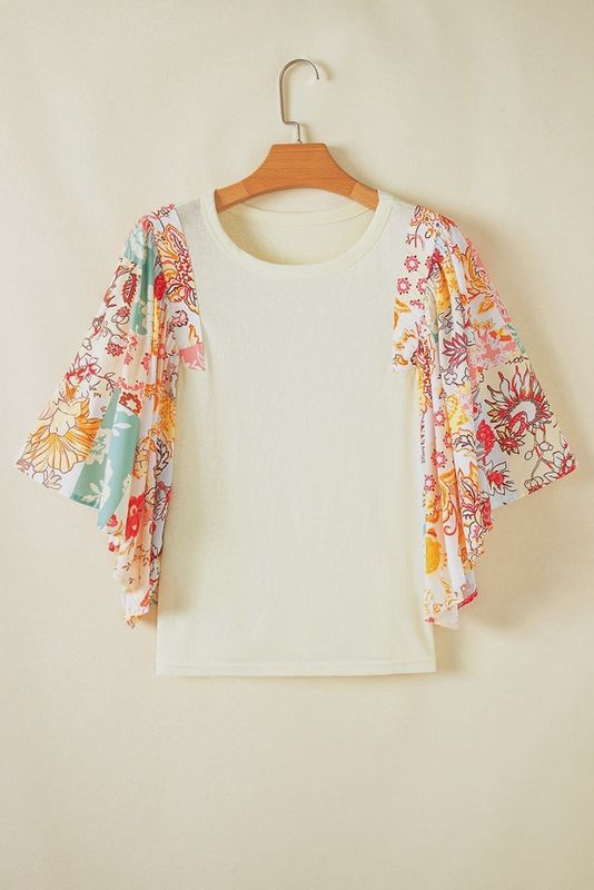 Beige Floral Patchwork Batwing Sleeve Round Neck Blouse