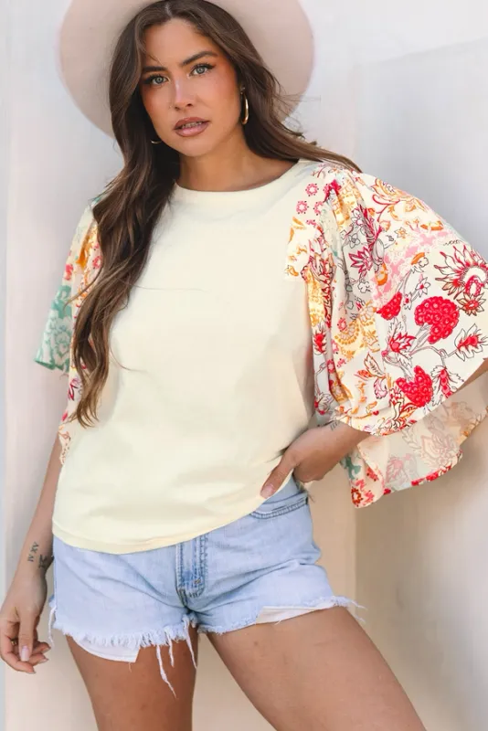 Beige Floral Patchwork Batwing Sleeve Round Neck Blouse