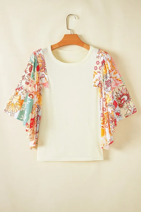 Beige Floral Patchwork Batwing Sleeve Round Neck Blouse, Size: Small