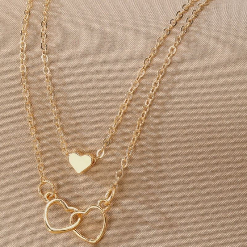Layered Double Heart Pendant Necklace Set