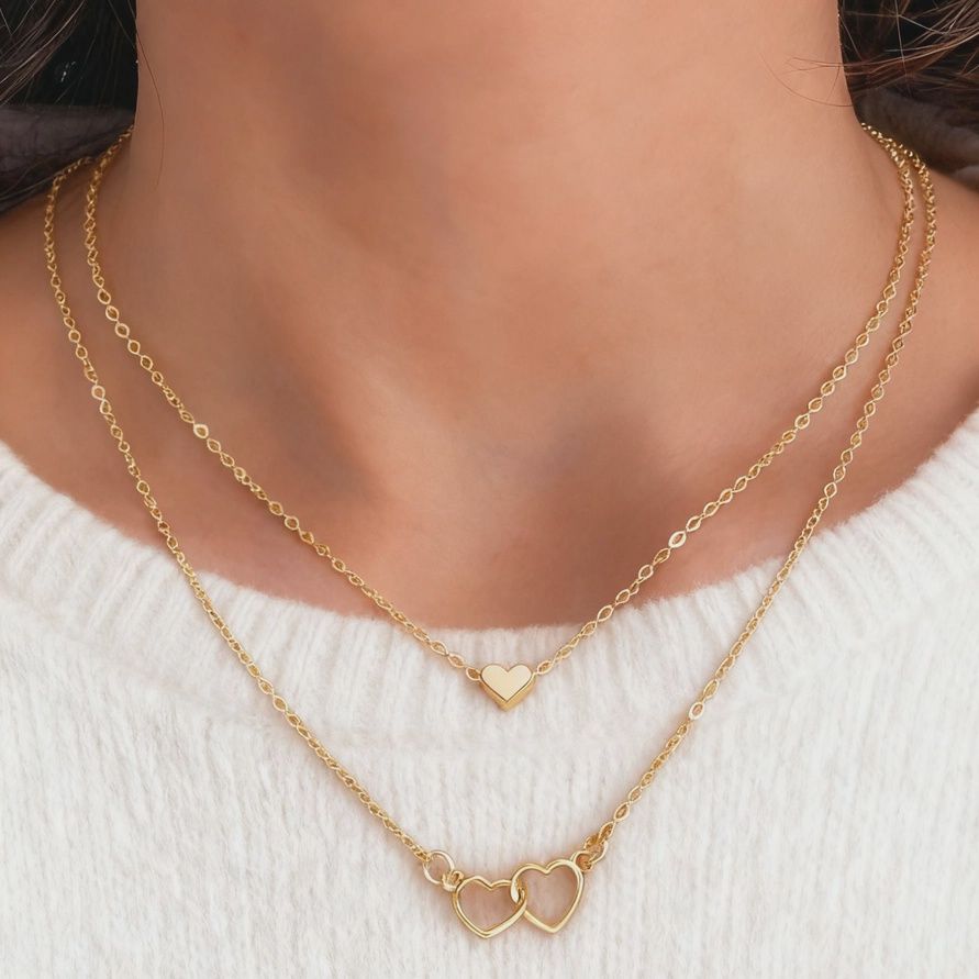 Layered Double Heart Pendant Necklace Set