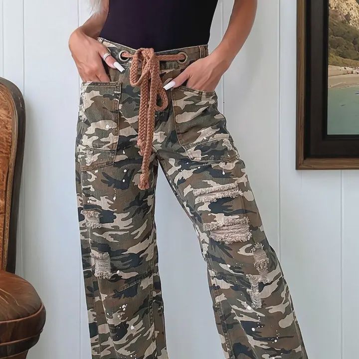 Green Camouflage Distressed Loose Fit Denim Pants