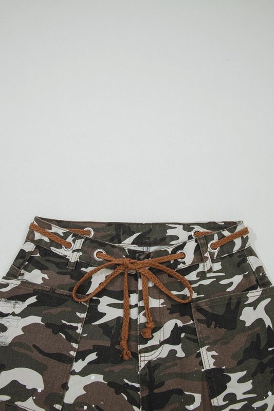 Green Camouflage Distressed Loose Fit Denim Pants