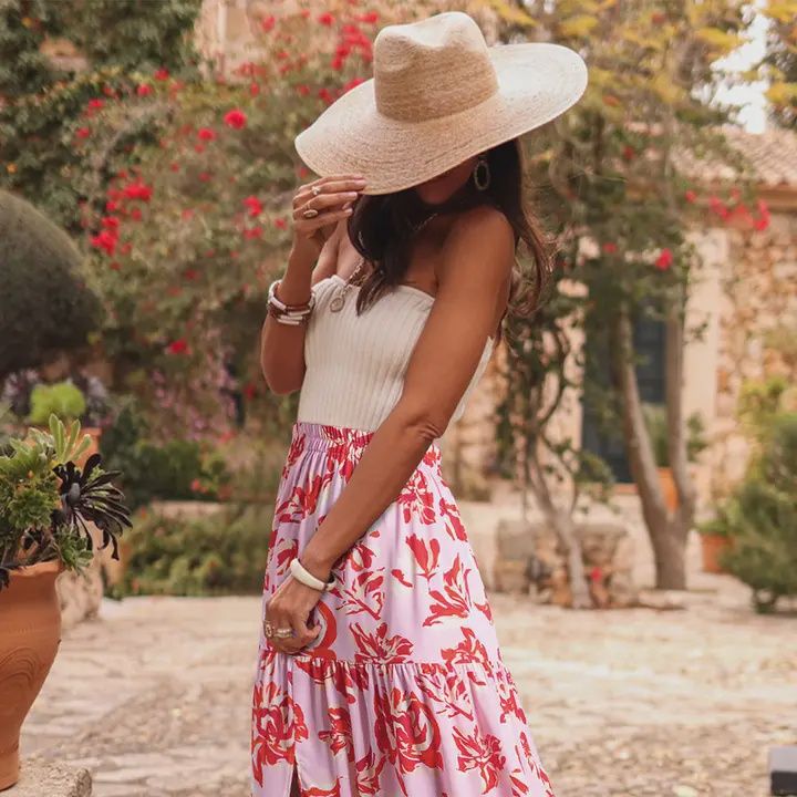 Pink Floral Boho Tiered Maxi Skirt with Side Slit