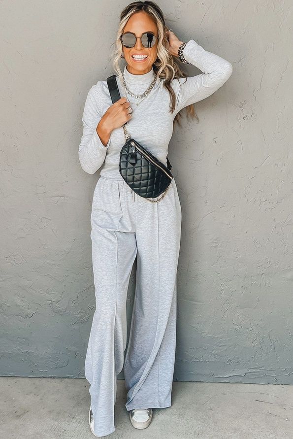 High Neck Long Sleeve Top and Wide Leg Lounge Pants Set, Size: Small