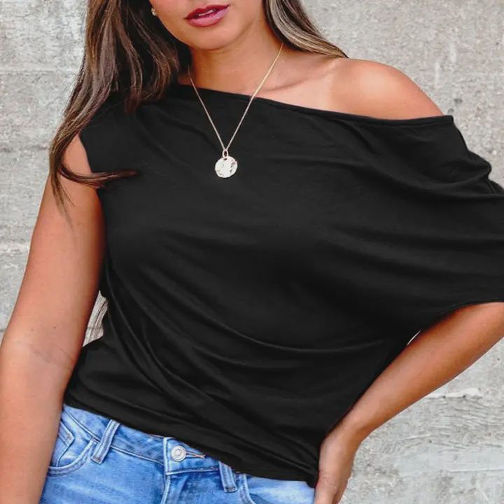 Asymmetric Neck Short Sleeve Blouse, Colour: Black, Size: Large