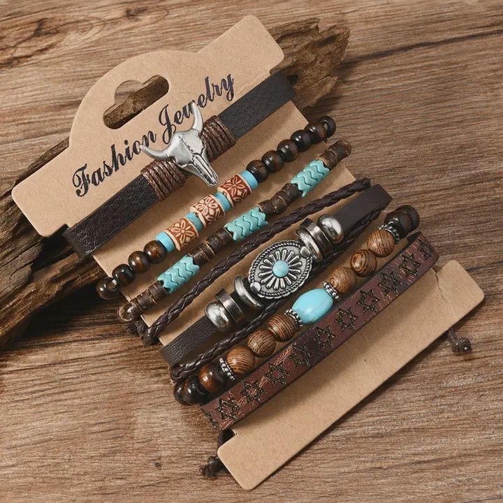 Western Bull Skull Turquoise Beaded Layer Bracelet Set