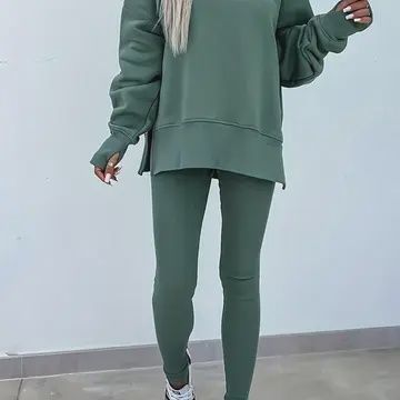 Oversize Slit Sweatshirt with Ribbed Leggings Set, Size: Small