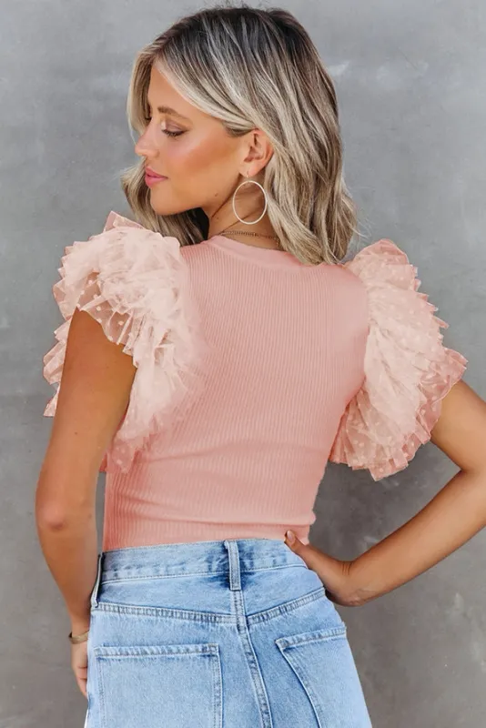 Polka Dot Mesh Ruffle Sleeve Ribbed Knit Top
