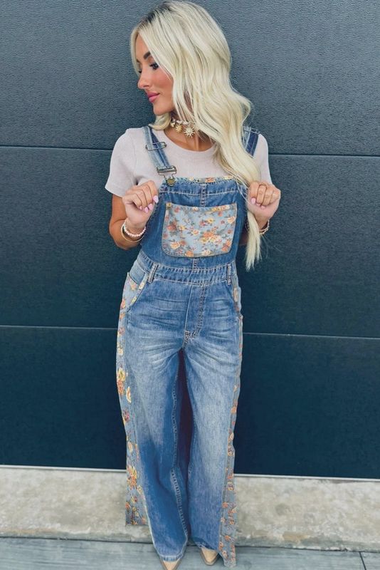 Blue Floral Patchwork Wide Leg Denim Overalls Jumpsuit