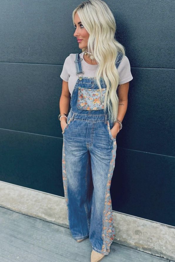 Blue Floral Patchwork Wide Leg Denim Overalls Jumpsuit, Size: Small