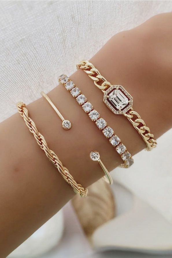 4pcs Diamond Chained Braided Bangle Bracelet Set