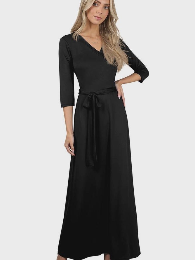 3/4 Sleeve Knit Long Dress, Color: Black, Size: Small