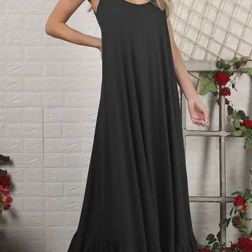 Ruffle Detailed Sleeveless Maxi Dress, Color: Black, Size: Small
