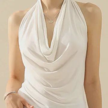 Women's Sleeveless Halter Neck Draped Blouse Tops, Color: White, Size: S